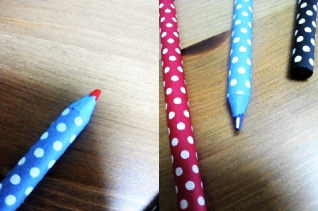 ジブング研究所 「鉛筆作れるんだぜぇ～ワイルドだろぅ～」で作った、赤青鉛筆を削ってみました